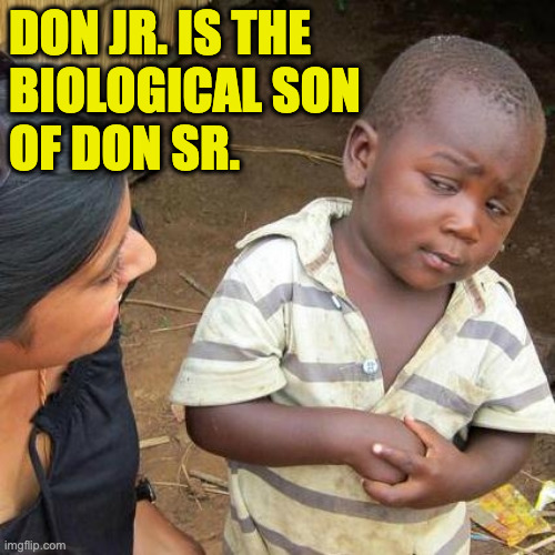 Ivanka looks more like Trump than "Don Jr." does. | don jr. is the
biological son
of don sr. | image tagged in memes,third world skeptical kid,maury lie detector,don jr | made w/ Imgflip meme maker