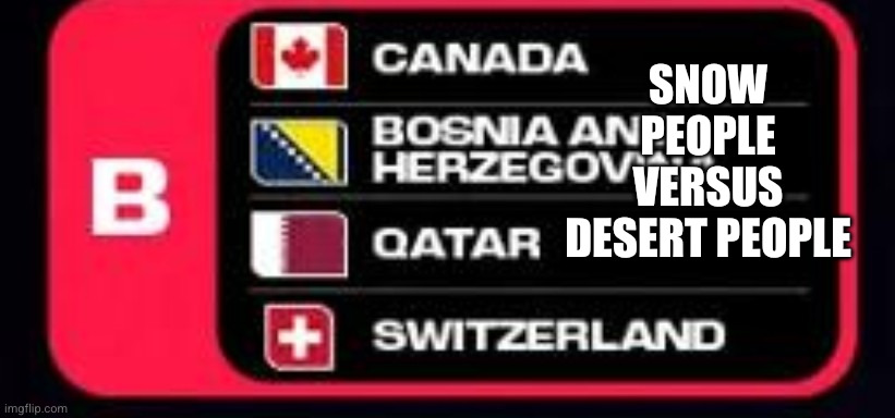 Hey Qatar, wanna build a snowman? | Snow people versus desert people | image tagged in fifa world cup 2026 group b,memes,fifa,do you wanna build a snowman,qatar,odd one out | made w/ Imgflip meme maker