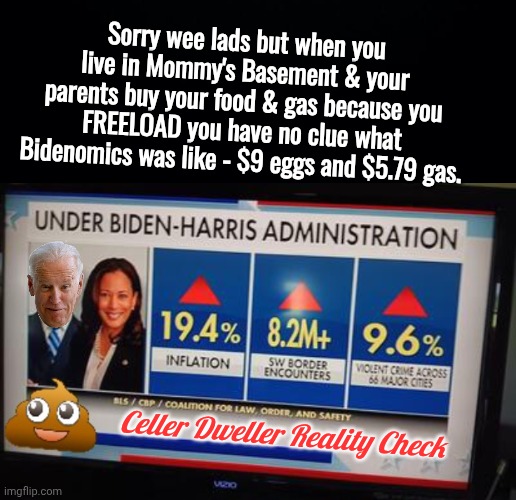 Cellar Dweller Reality Check | Sorry wee lads but when you live in Mommy's Basement & your parents buy your food & gas because you FREELOAD you have no clue what Bidenomics was like - $9 eggs and $5.79 gas. Celler Dweller Reality Check | image tagged in black background,3953f419-943c-4da9-bf66-fd905a97d194 jpeg | made w/ Imgflip meme maker