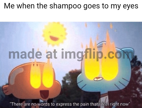 Konichuwa | Me when the shampoo goes to my eyes | image tagged in tawog | made w/ Imgflip meme maker
