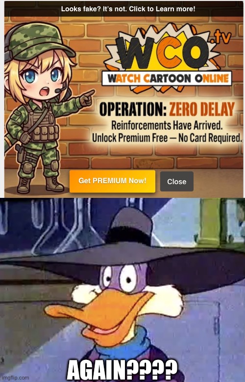 AAAAAAGH!!! | AGAIN???? | image tagged in derpwing dork,wco,watch cartoons online,operation zero delay,not again,darkwing duck | made w/ Imgflip meme maker