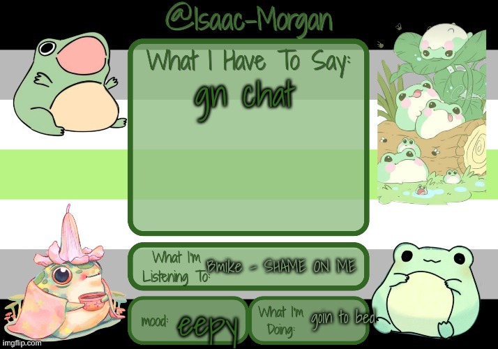 this song is a banger | gn chat; Bmike - SHAME ON ME; goin to bed; eepy | image tagged in sam's froggy temp ty seasalt | made w/ Imgflip meme maker