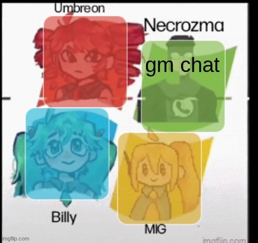 red Umbreon, necrozma, MIG, and Billy anoucement temp | gm chat | image tagged in red umbreon necrozma mig and billy anoucement temp | made w/ Imgflip meme maker
