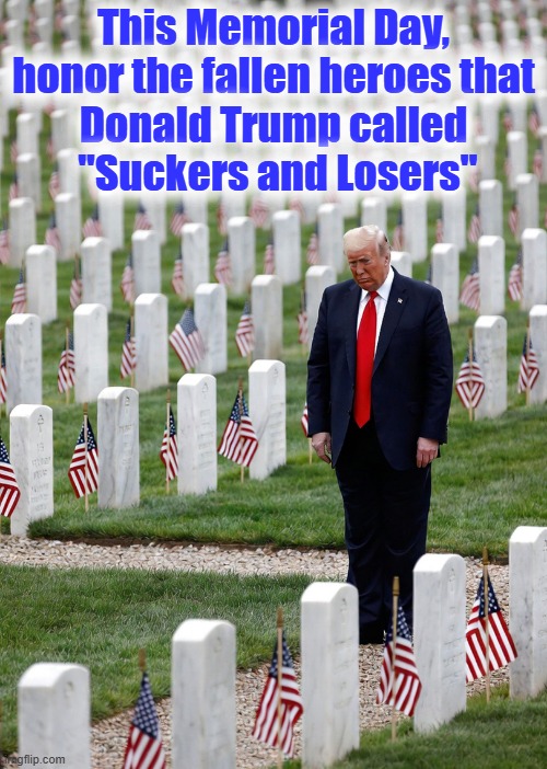 Memorial Day 2026 | This Memorial Day,
honor the fallen heroes that
Donald Trump called
 "Suckers and Losers" | image tagged in donald trump,memorial day,suckers,losers,military,heroes | made w/ Imgflip meme maker