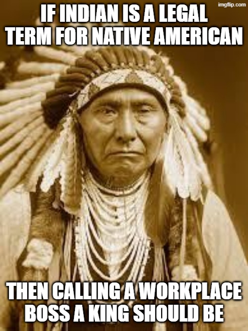 Native Americans are not indians and bosses at work are not kings | if indian is a legal term for native american; then calling a workplace boss a king should be | image tagged in native american,workplace,boss,american indian,king,native americans | made w/ Imgflip meme maker