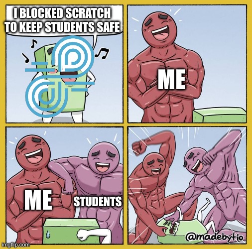 SPEEDLIGHT SUCKS | I blocked scratch to keep students safe; Me; Me; Students | image tagged in guy getting beat up,school meme | made w/ Imgflip meme maker