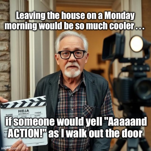 Monday Morning | Leaving the house on a Monday morning would be so much cooler . . . if someone would yell "Aaaaand ACTION!" as I walk out the door | image tagged in img_9604 jpeg,mondays,movies,action | made w/ Imgflip meme maker