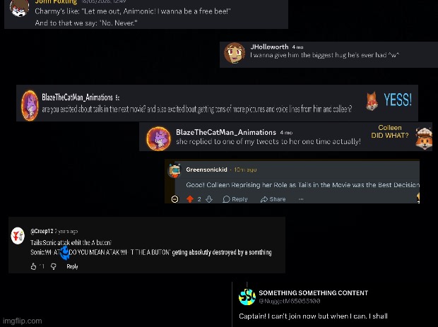 here some random comments i decided plop on a picture these are related to me btw | image tagged in meme,sonic,sonic the hedgehog,tails,tails the fox,charmybee | made w/ Imgflip meme maker
