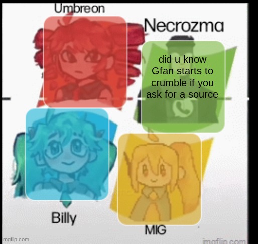 red Umbreon, necrozma, MIG, and Billy anoucement temp | did u know Gfan starts to crumble if you ask for a source | image tagged in red umbreon necrozma mig and billy anoucement temp | made w/ Imgflip meme maker