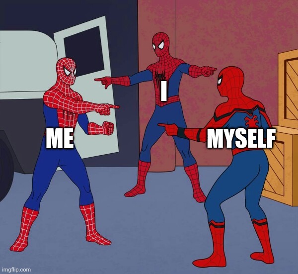 bruh. | I; Me; Myself | image tagged in spider man triple | made w/ Imgflip meme maker