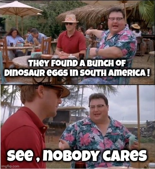 See Nobody Cares Meme | They found a bunch of Dinosaur eggs in South America ! See , nobody cares | image tagged in memes,see nobody cares | made w/ Imgflip meme maker