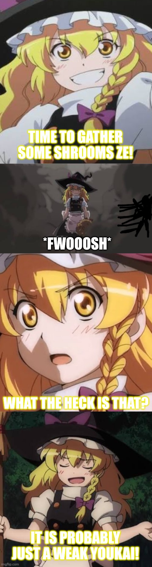 Time to gather some shrooms ze! *Fwooosh*; What the heck is that? It is probably just a weak youkai! | image tagged in memes,touhou,bush | made w/ Imgflip meme maker