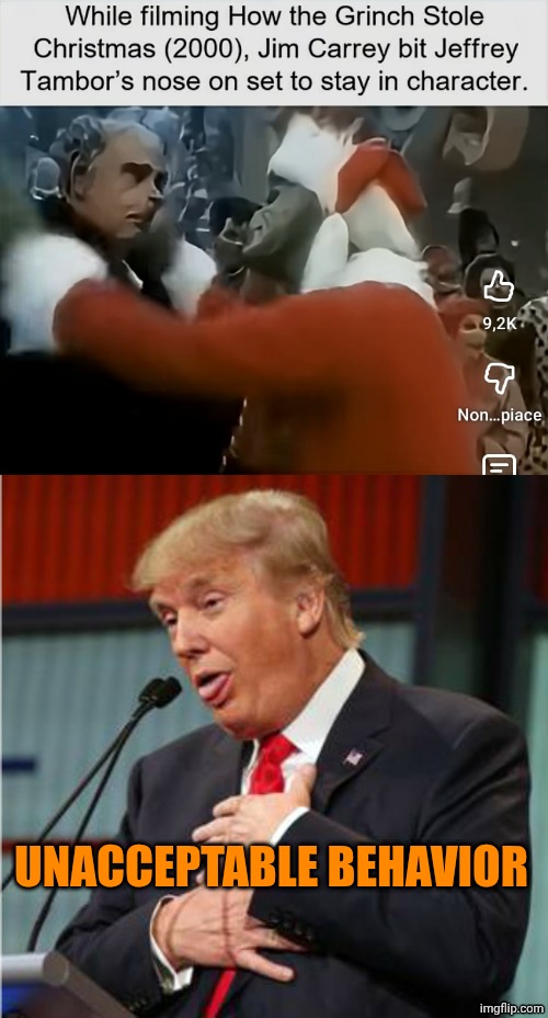 Unacceptable behavior | image tagged in bad pun trump,grinch,jim carrey,christmas,movie | made w/ Imgflip meme maker