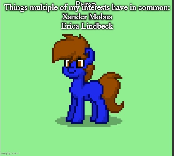 Pony Pump except in Pony Town | Things multiple of my interests have in common:
Xander Mobus
Erica Lindbeck | image tagged in pony pump except in pony town | made w/ Imgflip meme maker