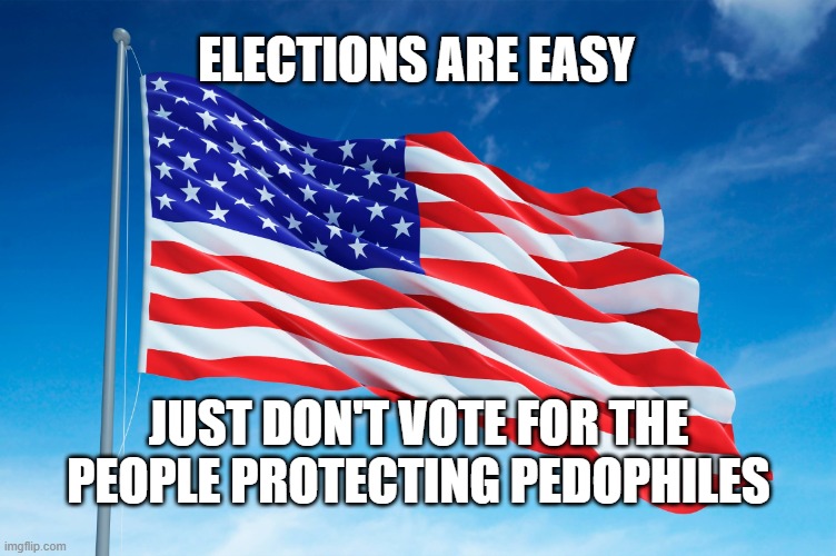 americanflag.jpg | Elections are easy; Just don't vote for the people protecting pedophiles | image tagged in americanflag jpg,elections,pedophiles | made w/ Imgflip meme maker