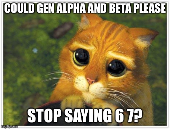 Shrek Cat Meme | Could Gen Alpha and beta please; Stop saying 6 7? | image tagged in memes,shrek cat | made w/ Imgflip meme maker