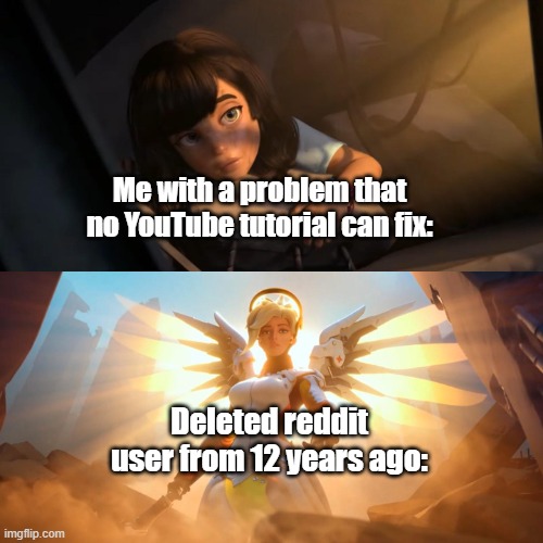Title⁶³ | Me with a problem that no YouTube tutorial can fix:; Deleted reddit user from 12 years ago: | image tagged in overwatch mercy meme,funny,meme,memes,funny meme,relatable | made w/ Imgflip meme maker
