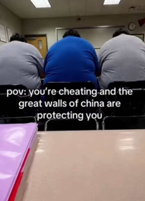 image tagged in school,test,cheating,obese,wall,great wall of china | made w/ Imgflip meme maker