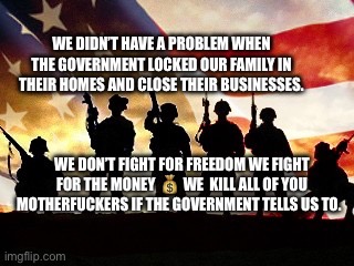 veterans day | We didn’t have a problem when the government locked our family in their homes and close their businesses. We don’t fight for freedom we fight for the money 💰 We  kill all of you motherfuckers if the government tells us to. | image tagged in veterans day,remix | made w/ Imgflip meme maker