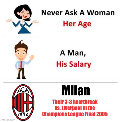21 Years Ago, In Istanbul, there was The Best UEFA Champions League Final of All-Time | Liverpool - Milan 3:3 (3:2 pens). | Milan; Their 3-3 heartbreak vs. Liverpool in the Champions League Final 2005 | image tagged in never ask a,ac milan,liverpool,champions league,memes,funny | made w/ Imgflip meme maker