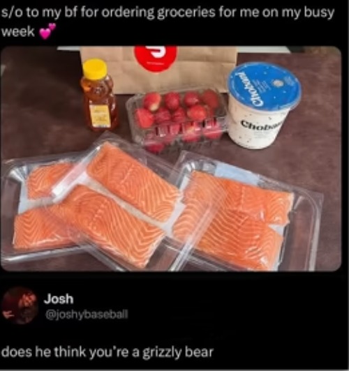 salmon, honey, berries... checks out lol | image tagged in groceries,shopping,grizzly bear,bears,food,funny | made w/ Imgflip meme maker