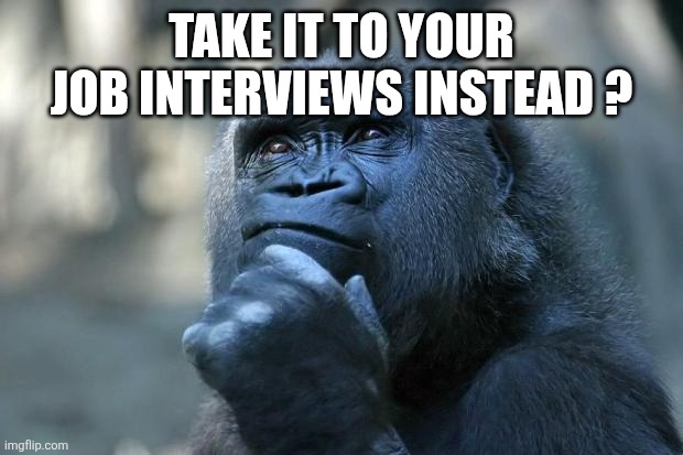 Deep Thoughts | Take it to your job interviews instead ? | image tagged in deep thoughts | made w/ Imgflip meme maker