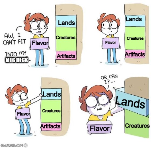 Trying to make an MTG deck | Lands; Lands; Creatures; Creatures; Flavor; Flavor; Artifacts; Artifacts; MTG deck; Lands; Lands; Creatures; Flavor; Creatures; Artifacts; Flavor | image tagged in schedule meme,mtg,magic the gathering | made w/ Imgflip meme maker