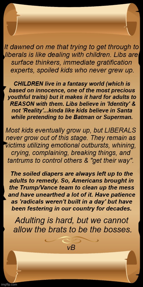 My Take | It dawned on me that trying to get through to 

liberals is like dealing with children. Libs are 

surface thinkers, immediate gratification 

experts, spoiled kids who never grew up. CHILDREN live in a fantasy world (which is 

based on innocence, one of the most precious 

youthful traits) but it makes it hard for adults to 

REASON with them. Libs believe in 'Identity' &

not 'Reality'...kinda like kids believe in Santa 

while pretending to be Batman or Superman. Most kids eventually grow up, but LIBERALS 

never grow out of this stage. They remain as 

victims utilizing emotional outbursts, whining, 

crying, complaining, breaking things, and 

tantrums to control others & "get their way". The soiled diapers are always left up to the 

adults to remedy. So, Americans brought in 

the Trump/Vance team to clean up the mess 

and have unearthed a lot of it. Have patience 

as 'radicals weren't built in a day' but have 

been festering in our country for decades. Adulting is hard, but we cannot 

allow the brats to be the bosses. vB | image tagged in opinion,liberals vs conservatives,right,wrong,adulting,doing the right things | made w/ Imgflip meme maker