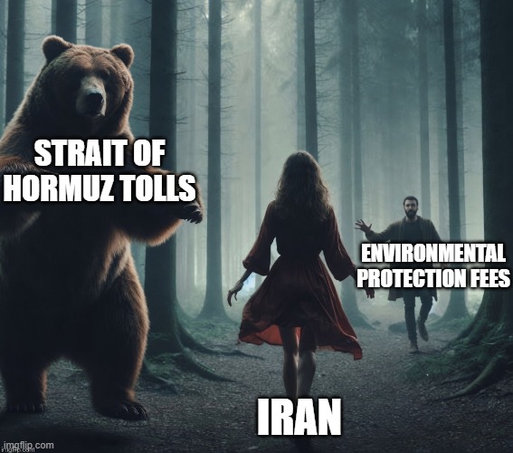 Tolls vs environmental protection fees | Strait of Hormuz Tolls; Environmental protection fees; Iran | image tagged in woman in forest bear man choice jpg | made w/ Imgflip meme maker