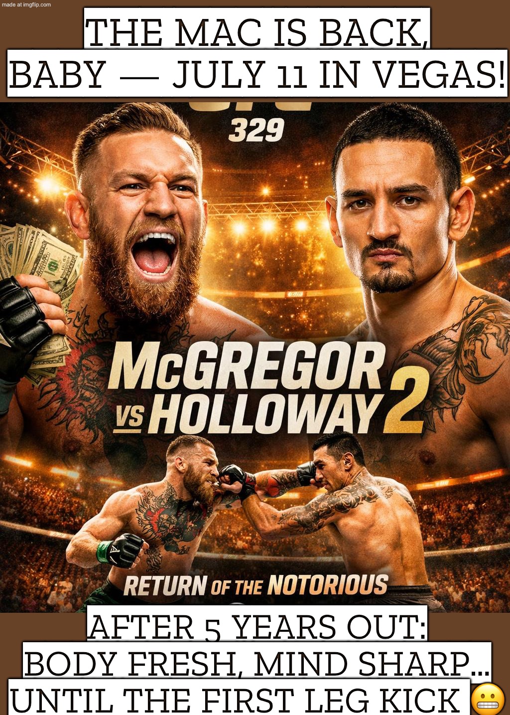 THE MAC IS BACK, BABY — JULY 11 IN VEGAS; WINLESS SINCE 2020 • LAST FOUGHT 2021 • STILL SAYING “I LIVE IN THE GYM” | THE MAC IS BACK, BABY — JULY 11 IN VEGAS! AFTER 5 YEARS OUT: BODY FRESH, MIND SHARP… UNTIL THE FIRST LEG KICK 😬 | image tagged in conor mcgregor,gym,ufc,fighting,contract,sports | made w/ Imgflip meme maker