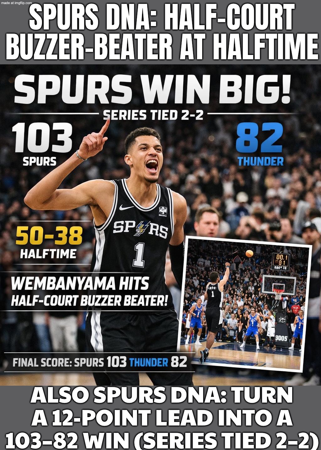 Everyone else in Game 4: brick city (under 37% shooting); Wembanyama: HALF-COURT BUZZER-BEATER + Spurs win 103-82 to tie 2-2 | SPURS DNA: HALF-COURT BUZZER-BEATER AT HALFTIME; ALSO SPURS DNA: TURN A 12-POINT LEAD INTO A 103–82 WIN (SERIES TIED 2–2) | image tagged in the spurs,dna,spurs,spursfanfromaround,basketball meme,nba memes | made w/ Imgflip meme maker