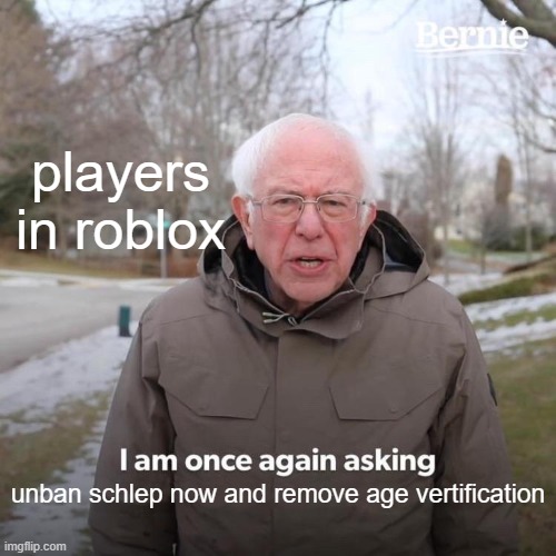 Bernie I Am Once Again Asking For Your Support | players in roblox; unban schlep now and remove age vertification | image tagged in memes,bernie i am once again asking for your support | made w/ Imgflip meme maker
