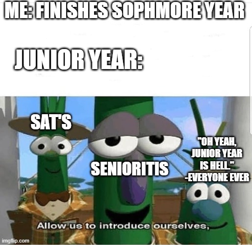 I just want to enjoy my summer... | Me: Finishes sophmore year; Junior Year:; Sat's; "Oh yeah, junior year is hell." -everyone ever; Senioritis | image tagged in allow us to introduce ourselves,high school,junior,summer time | made w/ Imgflip meme maker