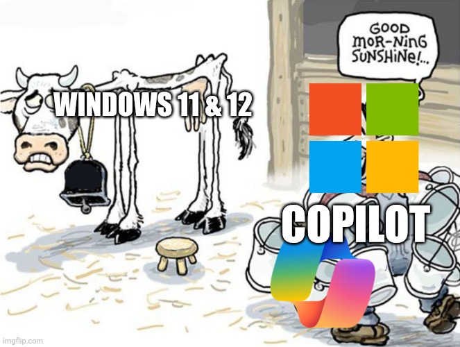 microsoft nowdays IS VERY microslop | windows 11 & 12; copilot | image tagged in milking the cow,microsoft,ai,windows 11,memes | made w/ Imgflip meme maker