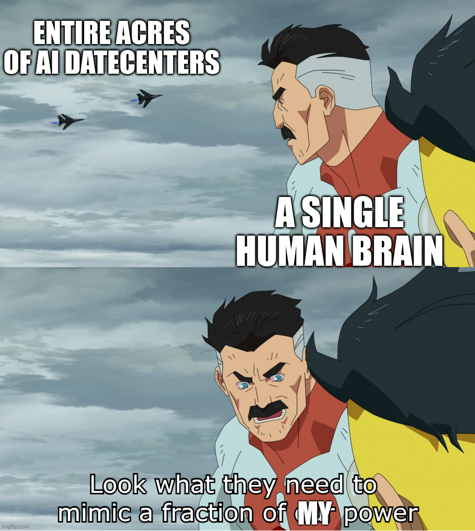 The human brain is a marvel of biology | entire acres of Ai datecenters; A single human brain; my | image tagged in look what they need to mimic a fraction of our power | made w/ Imgflip meme maker