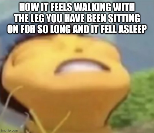 I hate this feeling | How it feels walking with the leg you have been sitting on for so long and it fell asleep | image tagged in oh my god bee movie meme template,foot,asleep | made w/ Imgflip meme maker