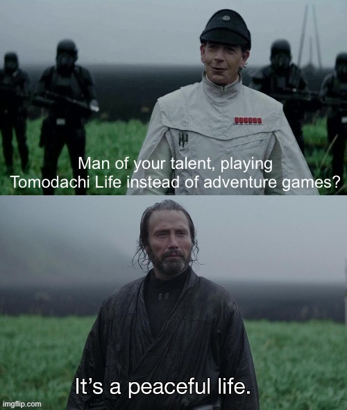 peaceful life | Man of your talent, playing Tomodachi Life instead of adventure games? | image tagged in peaceful life | made w/ Imgflip meme maker