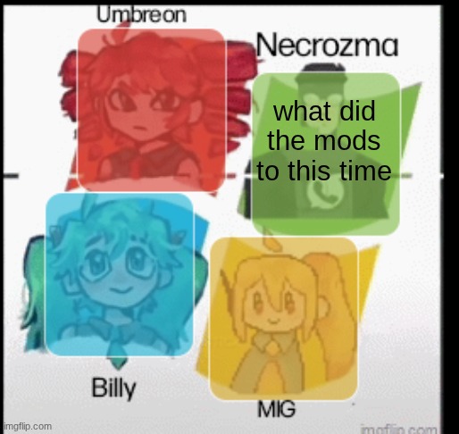 red Umbreon, necrozma, MIG, and Billy anoucement temp | what did the mods to this time | image tagged in red umbreon necrozma mig and billy anoucement temp | made w/ Imgflip meme maker