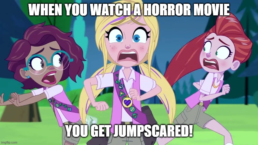 Polly Pocket runs away from The Grinch | When you watch a horror movie; You get jumpscared! | image tagged in polly pocket runs away from the grinch | made w/ Imgflip meme maker
