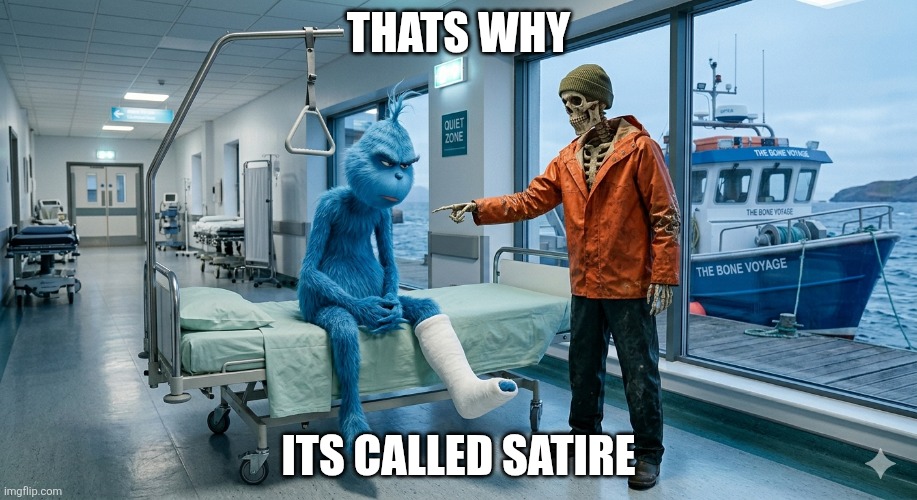 Skeleton met knee surgery | Thats why; Its called satire | image tagged in skeleton met knee surgery | made w/ Imgflip meme maker