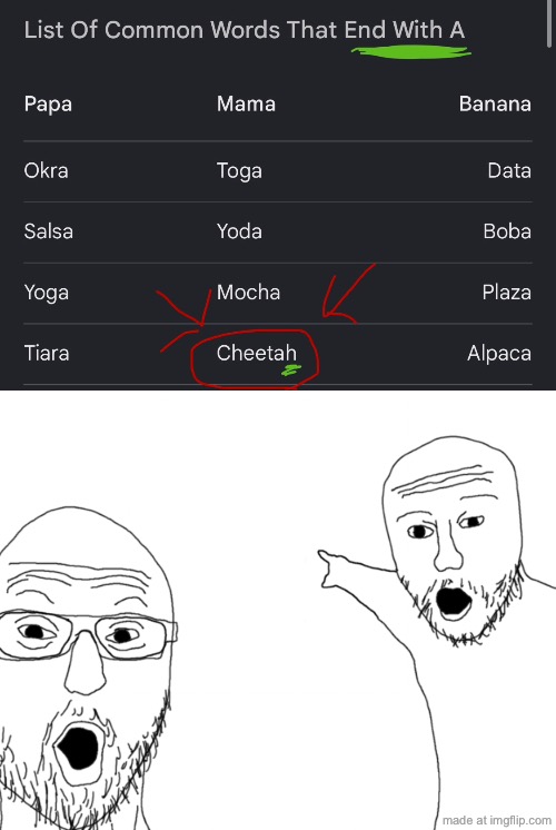 list of COMMON words, not sure if “okra” is a common word | image tagged in omg look,you had one job,funny,memes,letters,cheetah | made w/ Imgflip meme maker