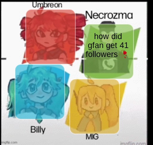 red Umbreon, necrozma, MIG, and Billy anoucement temp | how did gfan get 41 followers🥀 | image tagged in red umbreon necrozma mig and billy anoucement temp | made w/ Imgflip meme maker