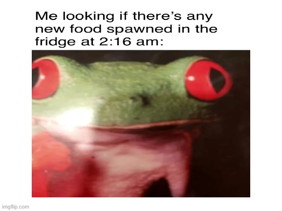 I WANT FOOOOOOD! | image tagged in blank white template,frog,fridge,food memes,spawn | made w/ Imgflip meme maker