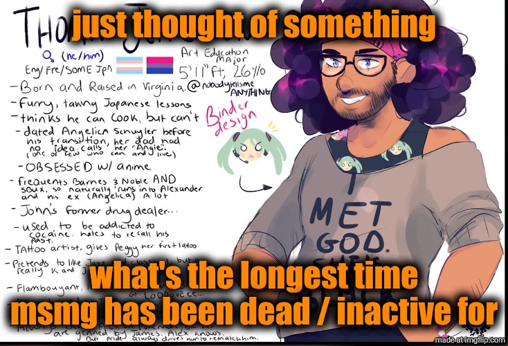 thomas jefferson miku binder | just thought of something; what's the longest time msmg has been dead / inactive for | image tagged in thomas jefferson miku binder | made w/ Imgflip meme maker