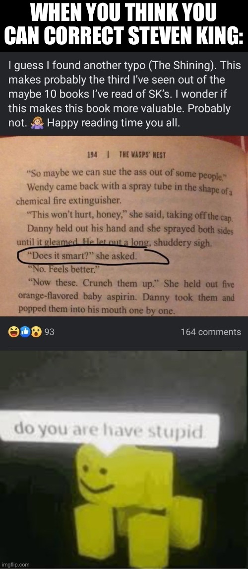 Does that smart? Or are you stupid? | When you think you can correct Steven King: | image tagged in img_6057 jpeg,do you are have stupid | made w/ Imgflip meme maker