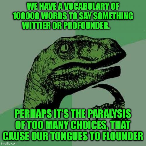 Philosoraptor Meme | We have a vocabulary of 100000 words to say something wittier or profounder. Perhaps it’s the paralysis of too many choices, that cause our tongues to flounder | image tagged in memes,philosoraptor | made w/ Imgflip meme maker