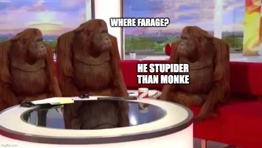where monkey | Where Farage? he stupider than monke | image tagged in where monkey,politics,reform,votelabour | made w/ Imgflip meme maker