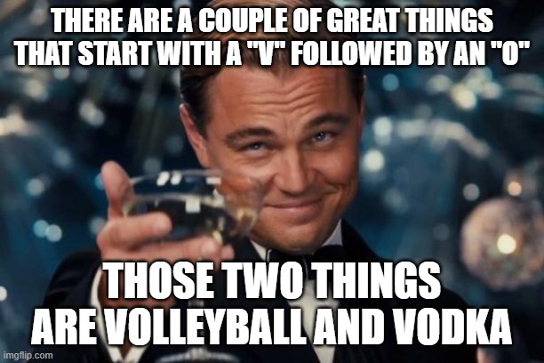 Volleyball & Vodka | there are a couple of great things that start with a "V" followed by an "O"; those two things are volleyball and vodka | image tagged in memes,leonardo dicaprio cheers | made w/ Imgflip meme maker
