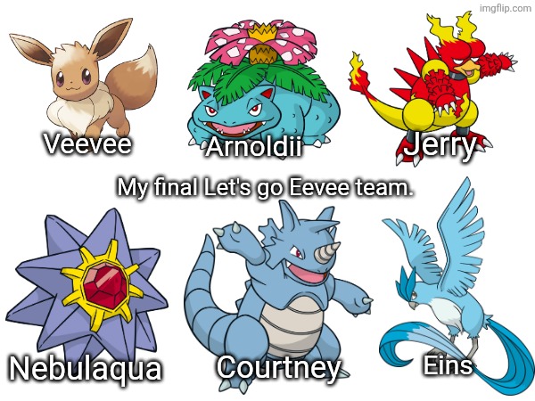 My Let's go Eevee team + Nicknames. (This has the same premise as that one Legends Arceus team thing I made) | Veevee; Jerry; Arnoldii; My final Let's go Eevee team. Nebulaqua; Courtney; Eins | image tagged in pokemon | made w/ Imgflip meme maker