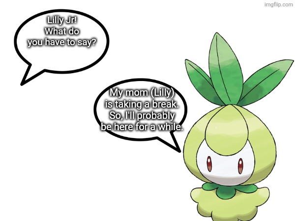 Lilly is taking a break | Lilly Jr! What do you have to say? My mom (Lilly) is taking a break. So, I'll probably be here for a while. | image tagged in pokemon,lilly,lilly jr | made w/ Imgflip meme maker
